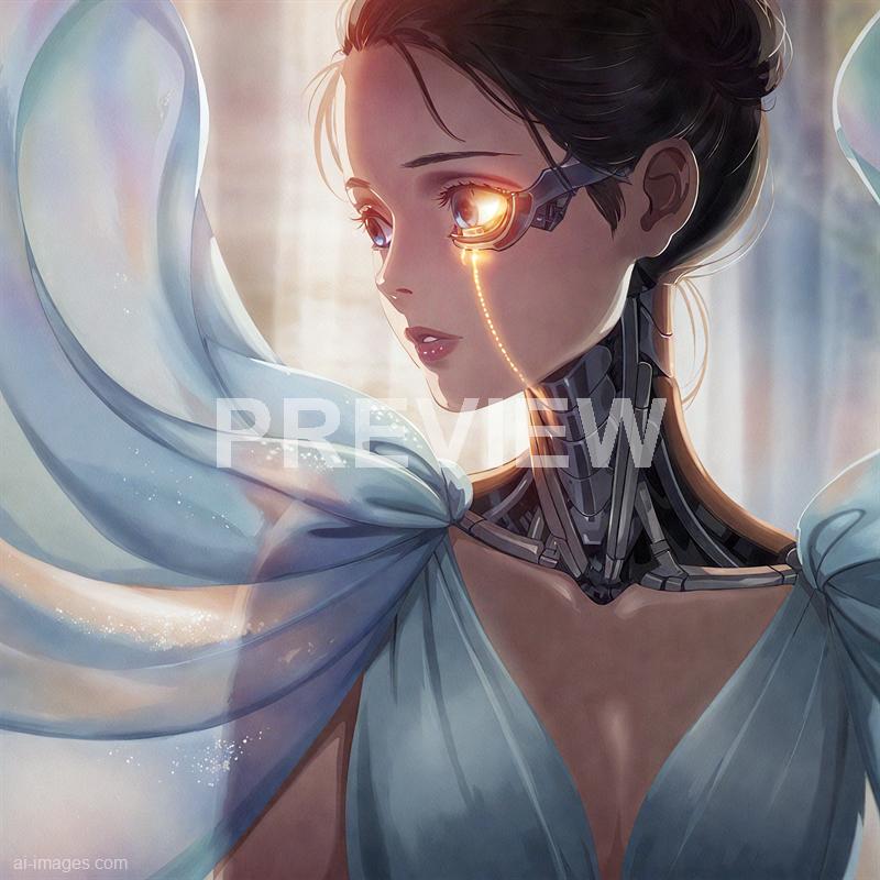 A highly detailed digital illustration of a female cyborg with a sleek, futuristic aesthetic. She has short, dark hair styled in an elegant updo, and her face features a glowing robotic eye with a golden hue, connected to a thin, luminous line running down her cheek. Her body combines human and machine elements, with visible mechanical components on her neck and shoulders, and she is draped in flowing, semi-transparent fabric that adds a soft contrast to her technological features. The background is softly blurred with warm light, emphasizing her as the central figure.
